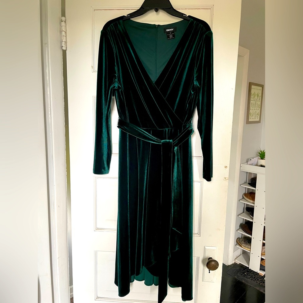 DKNY Surplice V-Neck Long Sleeve Velvet Faux Wrap Tie Waist High-Low Midi Dress